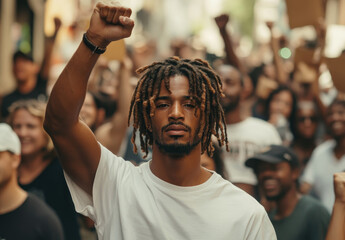 Canvas Print - A young Black man with dreadlocks stands in the center of an angry crowd, raising his fist towards the camera.