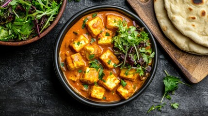 Wall Mural - Paneer Butter Masala Curry with naan and a side of salad. Top view with copy space.