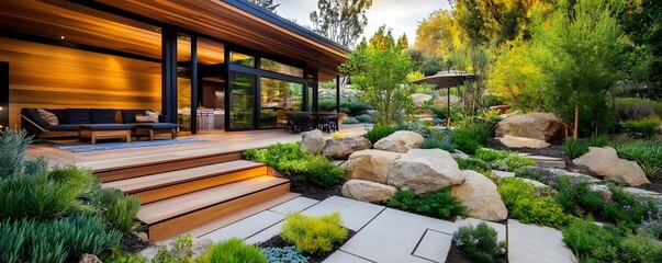 Sticker - Modern Home with Stone and Wooden Deck.