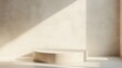© Naru - A modern, minimalist beige podium bathed in soft sunlight, ideal for showcasing products with a clean, elegant aesthetic. The podium is set against a neutral background, creating a simple and refined