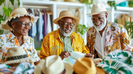 Three friends gather around a map, excitedly planning their next vacation. They wear vibrant summer attire and share a joyful atmosphere filled with friendship and adventure