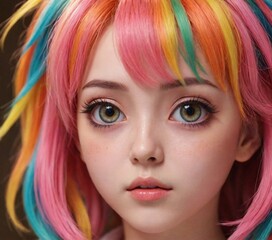 Close-up of an anime-inspired girl with large, expressive eyes and colorful hair, featuring detailed and soft lighting.