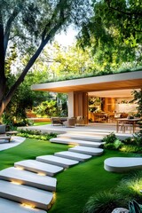 Sticker - Modern Home with Green Roof and Patio.