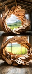 Canvas Print - Wooden sculpture in a rustic cabin with a view.