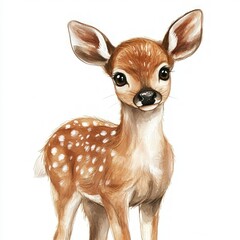 A cute, brown fawn with white spots stands on a white background.