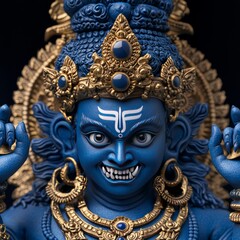 Wall Mural - Close-up of a blue and gold statue of a Hindu deity with a fierce expression.