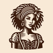 © Victoria - Beautiful young Caribbean woman in ethnic clothing portrait. Vintage retro engraving vector emblem, print, illustration