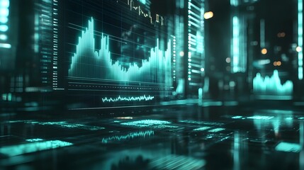 Holographic display showcasing dynamic financial charts graphs and data visualizations for investment analysis and business insights
