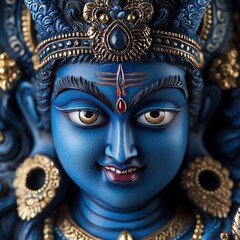 Close-up of a blue Hindu deity statue with intricate details, including a third eye, golden jewelry, and a serene expression.