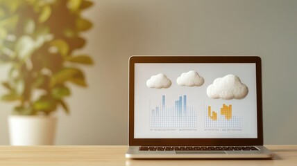 Open laptop displaying a complex ERP solution chart, digital cloud icons in the background, clean office setup, no people