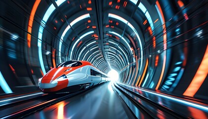 Surreal vibrant futuristic train tunnel illuminated by glowing lights, conveying motion and speed in a captivating atmosphere.