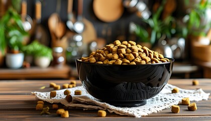 Rustic kitchen scene featuring a black bowl of dry pet food on a wooden table, surrounded by charming plants and kitchenware