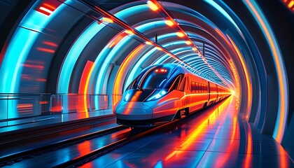 Surreal vibrant futuristic train tunnel illuminated by glowing lights, conveying motion and speed in a captivating atmosphere.