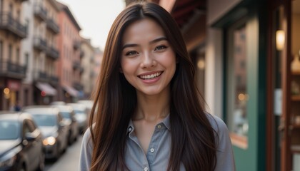 A smiling woman stands on a city street, embodying joy and confidence in a vibrant urban setting.