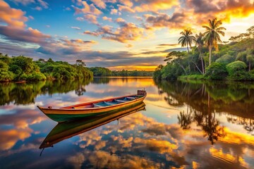 Vibrant colors of a traditional Brazilian caique boat reflect off the calm waters of a serene tropical lagoon at sunrise in the Amazon rainforest.