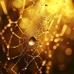 Wall Mural - Close-up of a spider web with dew drops in the morning sun.