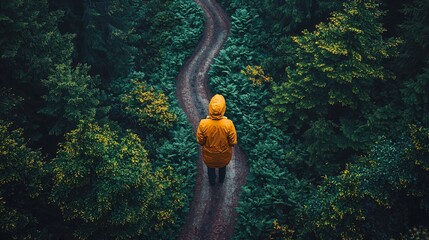 A person in a yellow jacket chooses between two paths in a lush green forest, symbolizing decision-making in environmental protection. Business theme with copy space.