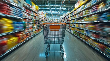 A blurred shopping cart in an aisle, ideal for retail marketing, business proposals, or advertising campaigns. Perfect for promotions, sales events, or grocery store designs with copy space.