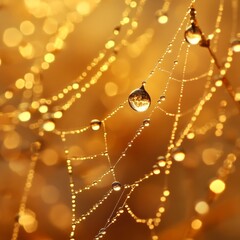 Canvas Print - Close-up of a spiderweb with dew drops in the morning light.