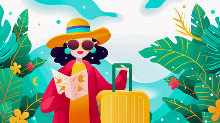 A cheerful traveler with sunglasses and a hat stands amidst vibrant tropical plants. She holds a suitcase and a map, ready for her next adventure in a sunny paradise