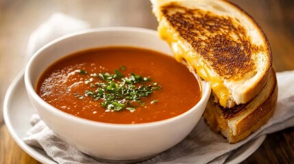 A steaming bowl of tomato soup with a side of a golden brown grilled cheese sandwich. The perfect combination of warm, savory flavors, ideal for a cozy meal. This image evokes feelings of comfort, nos