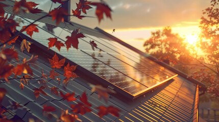 Solar Panels on Roof with Sunset and Autumn Leaves