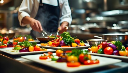 Vibrant vegetables sizzling in a bustling restaurant kitchen, showcasing culinary expertise and dynamic flair in every dish