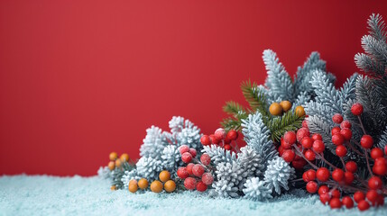 Wall Mural - Frosted evergreen branches and bright red berries on a snowy surface with a bold red background. Perfect for Christmas greeting cards, holiday banners, and festive decorations