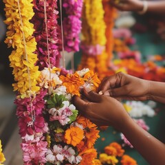 Wall Mural - Close-up of hands making a flower garland, vibrant colors, traditional Indian craft.