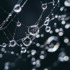 Canvas Print - Close-up of water droplets on a spider web, with a dark blurred background.