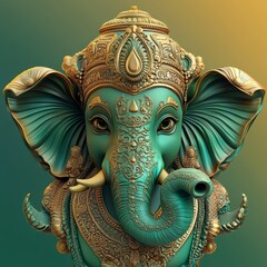 Wall Mural - Detailed 3D rendering of the Hindu deity Ganesha, with intricate gold and turquoise ornaments.