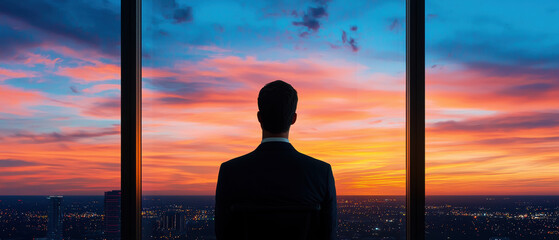 A silhouette of a man gazing at a breathtaking sunset over the city skyline, symbolizing reflection and ambition.