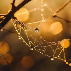 Wall Mural - Dew drops glisten on a spiderweb strung between branches, with a soft golden background of out-of-focus foliage.