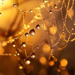 Poster - Dew drops glistening on a spiderweb, illuminated by the warm golden light of the setting sun.