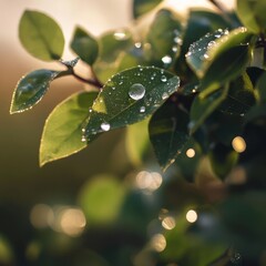 Canvas Print - Dew drops on green leaves in the sunlight.