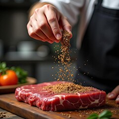 chef's hand sprinkles seasoning on raw steak cooking food photography