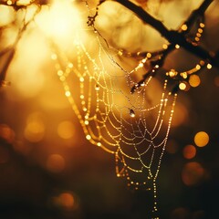 Wall Mural - Dew-covered spiderweb in the early morning light with a soft, warm, bokeh background.