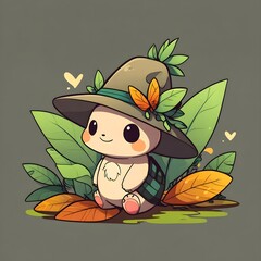 Sticker - Cute Cartoon Animal with Hat in a Lush Forest