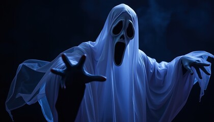 halloween ghost evil spooky scream face in white sheet reaches out with hands dark background