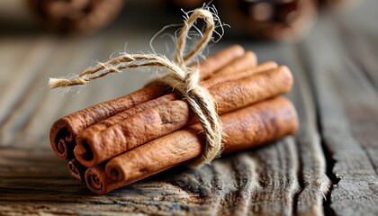 Cinnamon Sticks Bundled with Twine on Rustic Wooden Surface for Cooking and Holiday Decor