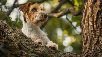 Wall Mural -  A small brown-and-white dog sits on a tree branch among leafy green foliage