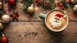 © petrrgoskov - A warm cup of coffee featuring foam art shaped like Santa Claus, placed in a red cup on a rustic wooden table, surrounded by Christmas decorations, evoking holiday cheer, top view