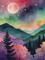 Poster - Night Sky Watercolor Mountains