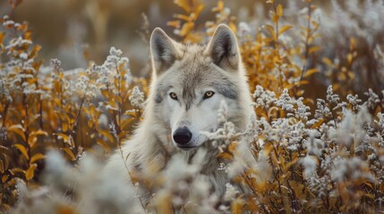  A wolf posed in a field, surrounded by tall grass and flowers in the foreground, while the background softly blurred