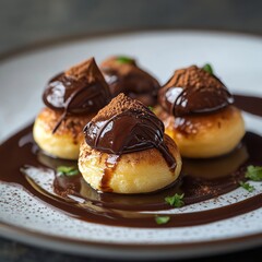 Wall Mural - Four small, round pastries topped with chocolate and cocoa powder on a white plate with chocolate sauce.