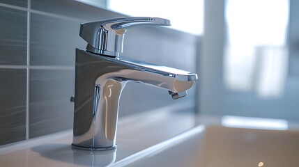 Wall Mural - A close-up of a sleek, modern faucet with clean lines in a minimalist bathroom