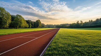 Empty running lanes on a track surrounded by green grass, with a beautiful morning sky.