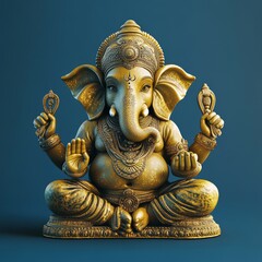 Wall Mural - Golden Ganesh statue with ornate details, sitting in a meditative pose against a blue background.