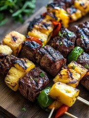 Wall Mural - Close-up of grilled skewers with pineapple, steak, and peppers. The skewers are arranged on a wooden cutting board, and the image captures the smoky flavor and enticing aroma of the grilled food. The 