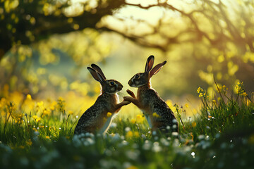 Two March hares boxing and fighting in the spring in a springtime meadow during the mating season, stock illustration image 